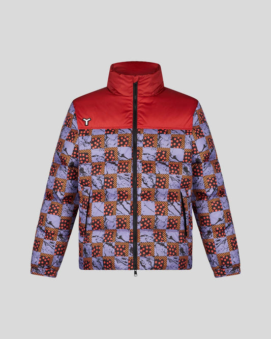 GIACCA PUFFER ROSSA DOUBLE FACE CON PATTERN CUBI OPTICAL